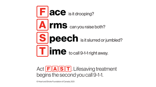 Signs of Stroke - Face is is drooping? Arms can you raise both? Speech is it slurred or jumbled?  Time to call 9-1-1 right away